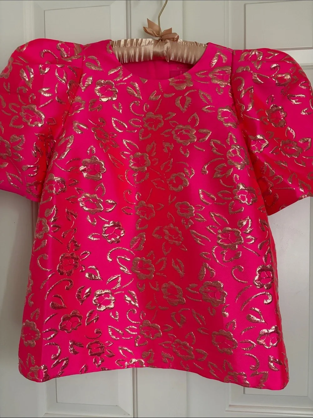 Lilly Pulitzer Bright Pink and Gold Puff Floral Brocade Blouse